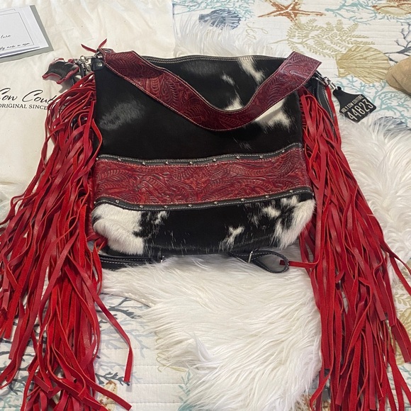 Holy Cow Couture Red and Black Fringe Shoulder/backpack Bag - Picture 6 of 11